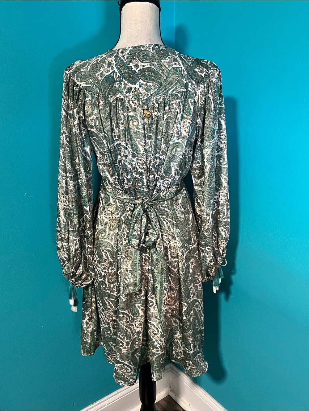 Pahiesa Formentera OS Green Print Long Sleeve Tie Back Handmade Silk Dress - Picture 6 of 8